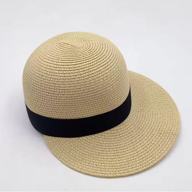 Foldable Wide Brim Straw Beach Sun Cap with Ribbon