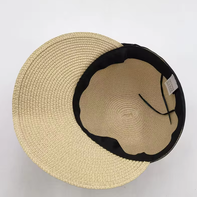 Foldable Wide Brim Straw Beach Sun Cap with Ribbon