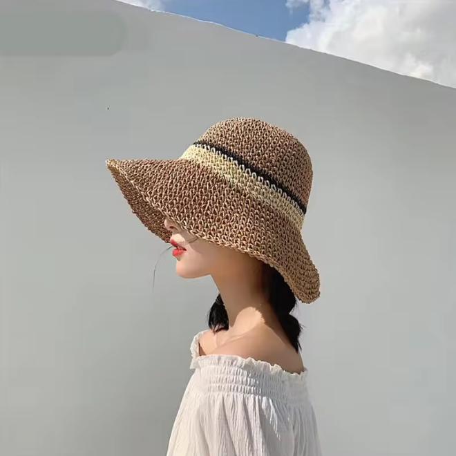 Straw Paper Crochet Handmade Foldable Stripe Sun Beach Bucket Hat 