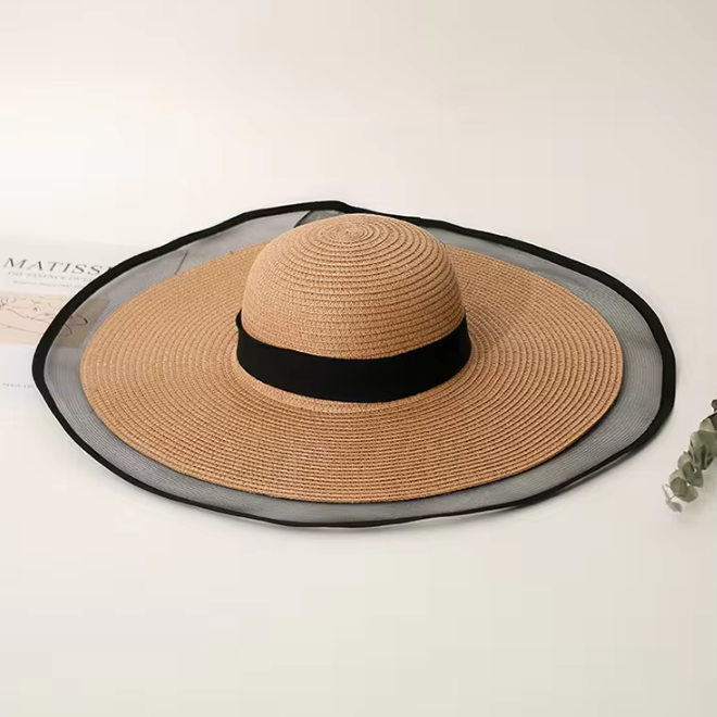 Lace Brim Straw Floppy Beach Sun Visor Hat