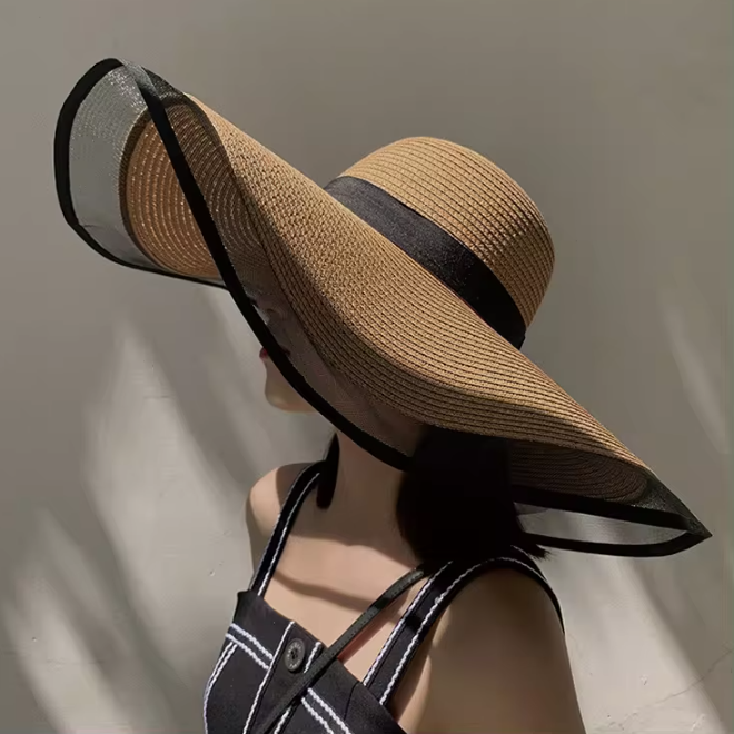 Lace Brim Straw Floppy Beach Sun Visor Hat