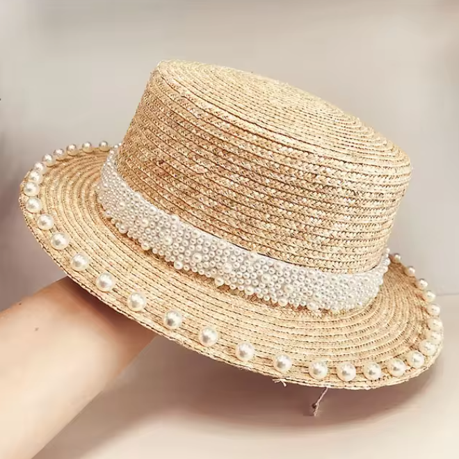 Flat Top Jazz Beach Pearls Wheat Straw Hat
