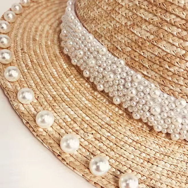 Flat Top Jazz Beach Pearls Wheat Straw Hat