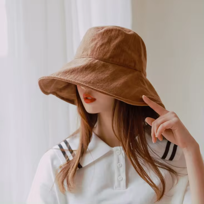 Outdoor Wide Brim Plain Cotton Linen Bucket Hat