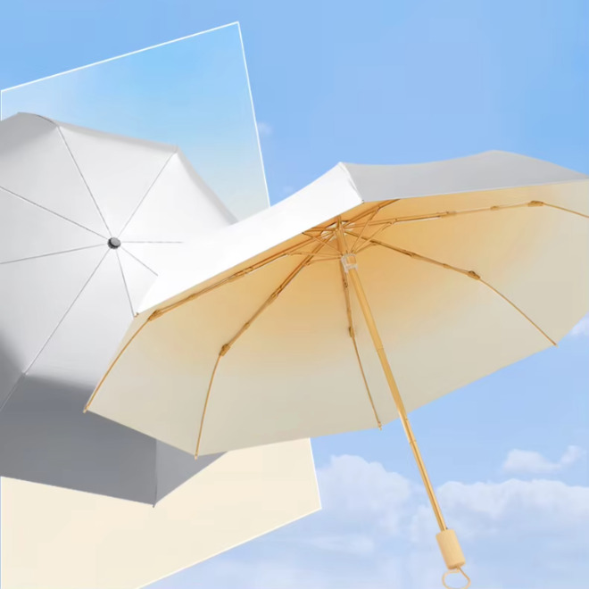 Women Wood Handle Summer Gradient Titanium Silver Coating Rainy Sun Umbrellas