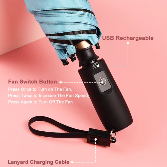 USB Charging Fan Manual Open and Close Folding Umbrella